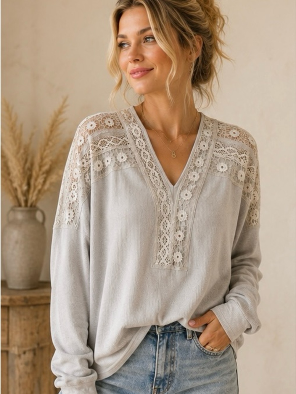 Free People Gray Lace Yoke Thermal Top XS Boho Long Sleeve